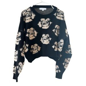 Threaded Leaf Black and Cream Floral Knit Cropped Sweater Size Medium